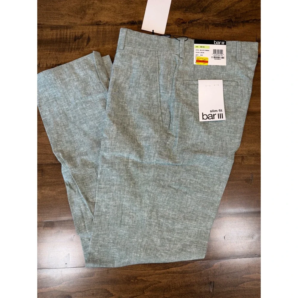 Bar III Mens Slim Fit Linen Cotton Dress Pants Green 30W 30L NEW